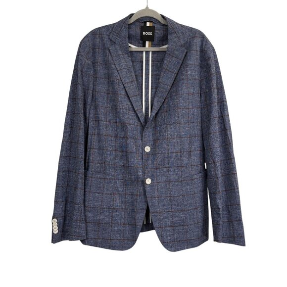Hugo Boss Slim-Fit Micro-Patterned Jacket Blue Checkered Linen Cotton Blend Sz L - Picture 2 of 16